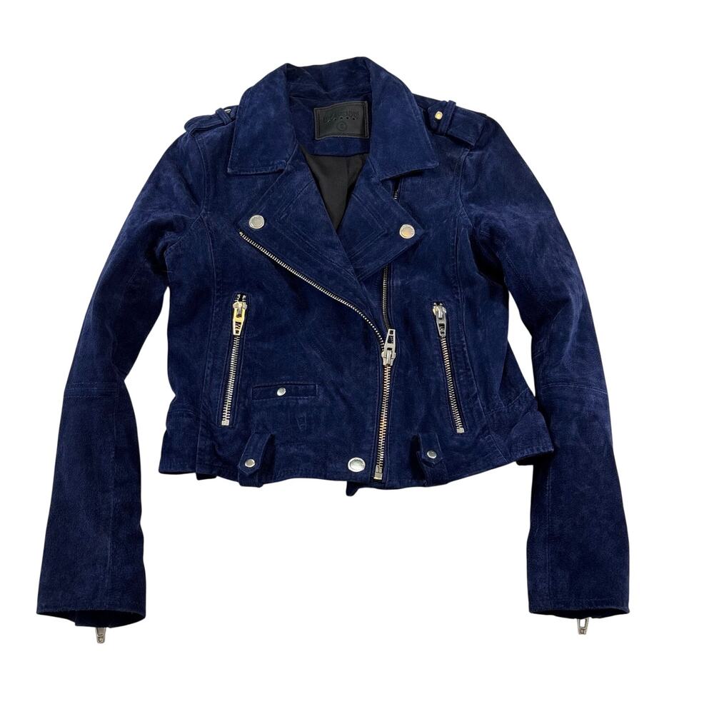Blank NYC Blue Suede 100% Leather Moto Jacket Full Zip Long Sleeve Biker, Size S